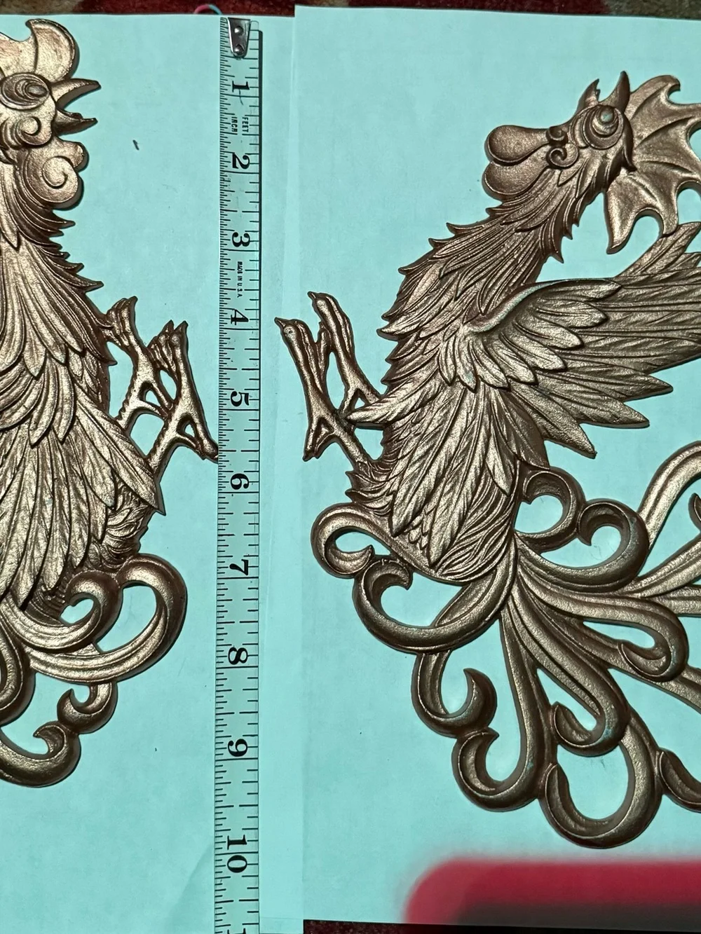 Vintage gold-painted aluminum or brass fighting rooster wall plaques